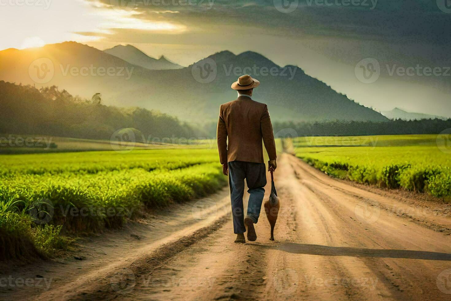 a man walking down a dirt road with a suitcase. AI-Generated photo