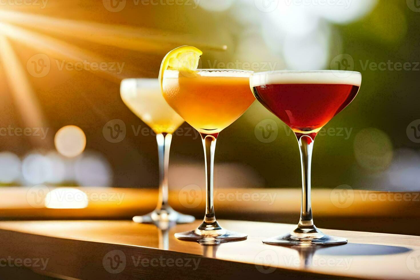 three different cocktails are sitting on a table. AI-Generated photo
