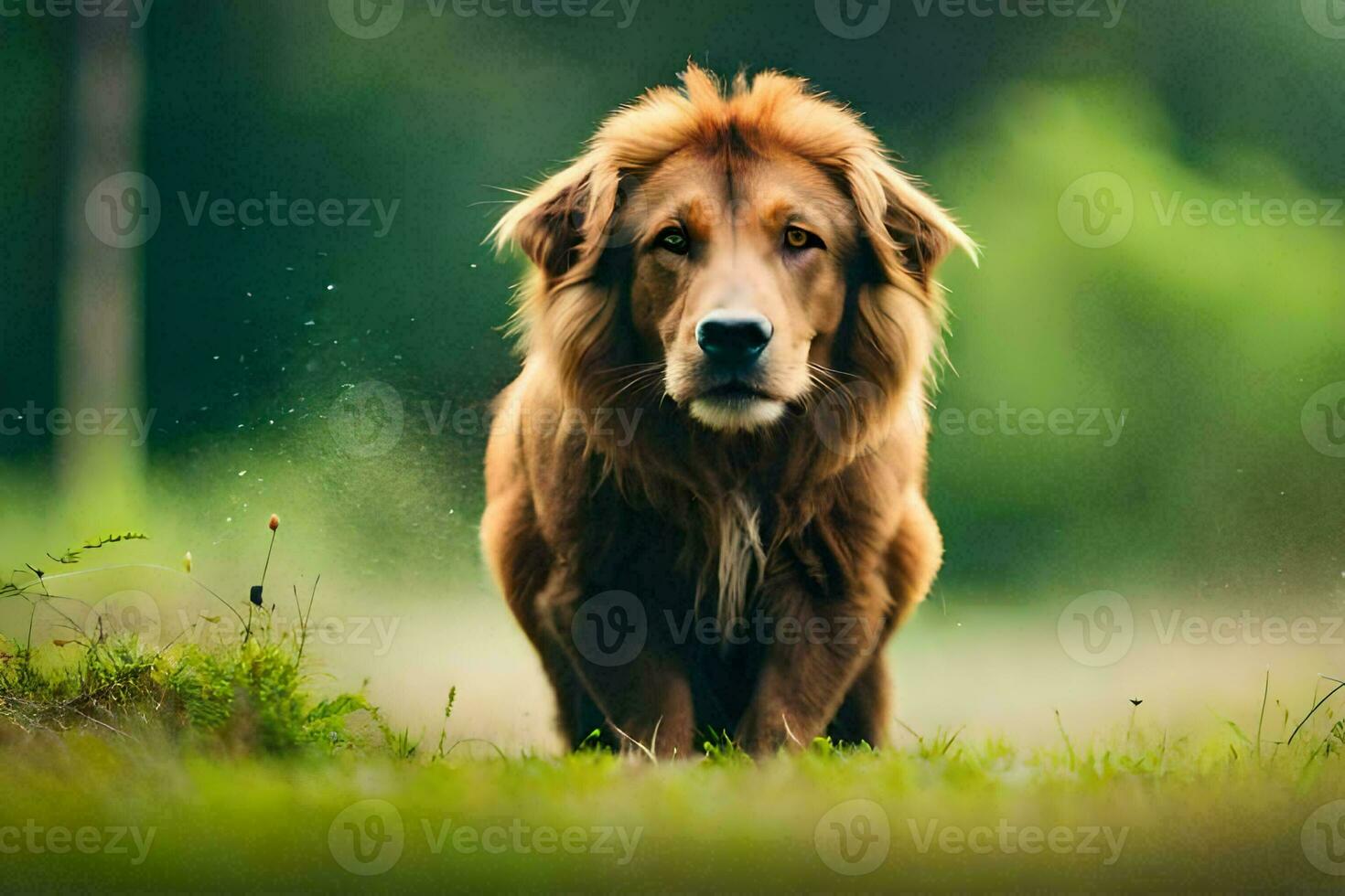 a brown dog is walking through a grassy field. AI-Generated photo
