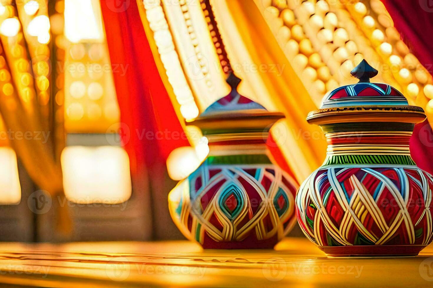 two colorful vases sit on a table. AI-Generated photo