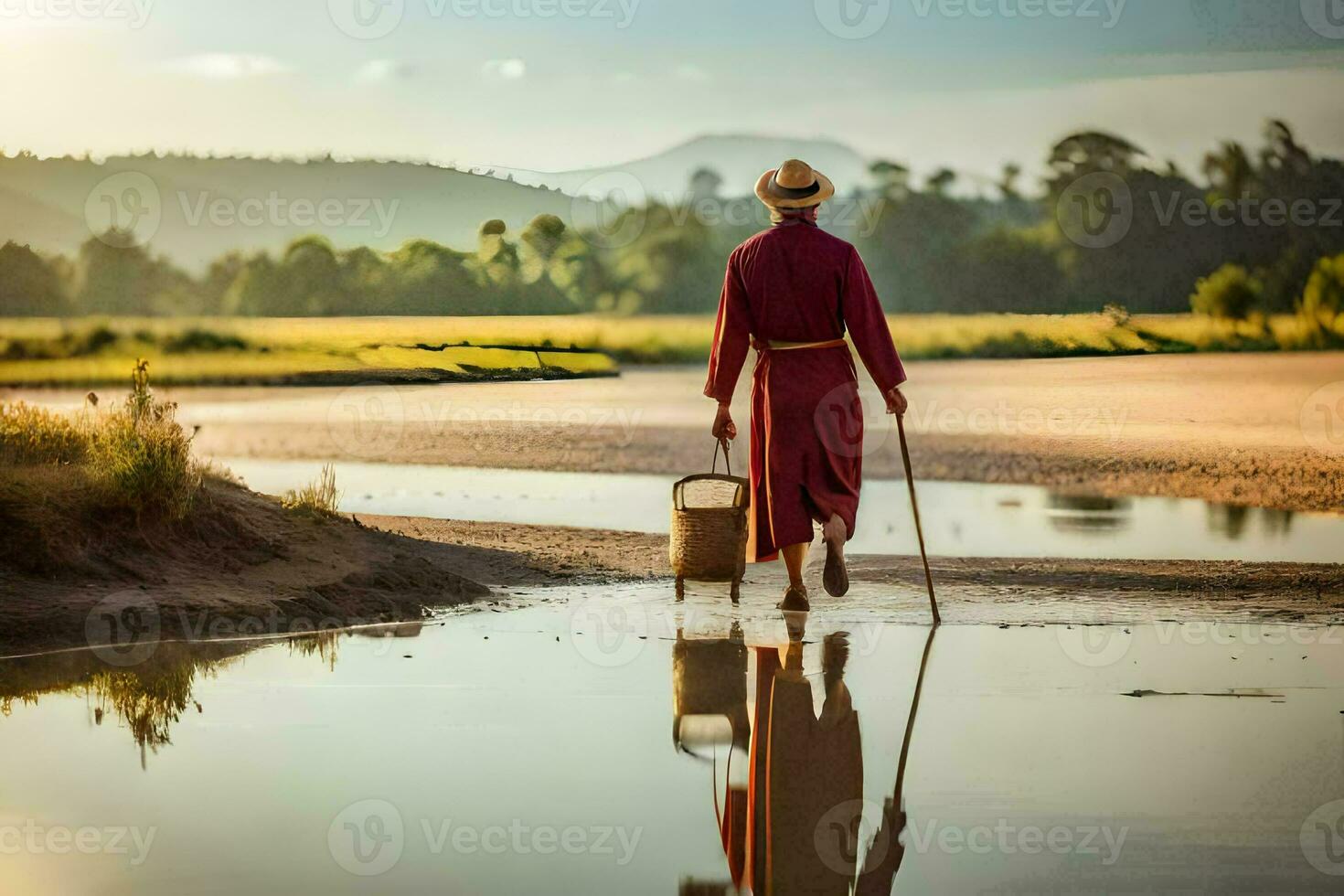 a monk walking through a river with a basket. AI-Generated photo