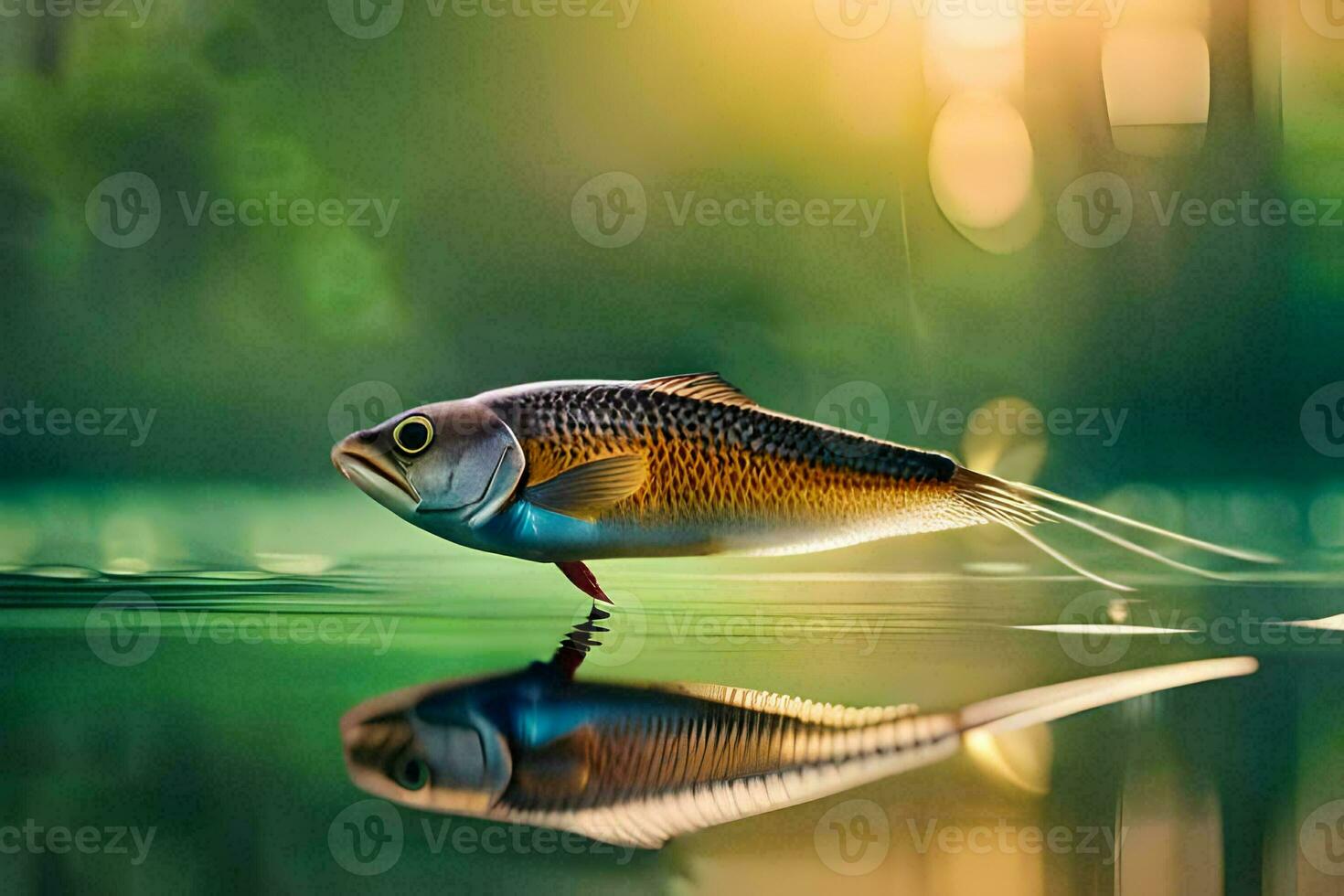 a fish is floating on the water with a sun in the background. AI-Generated photo