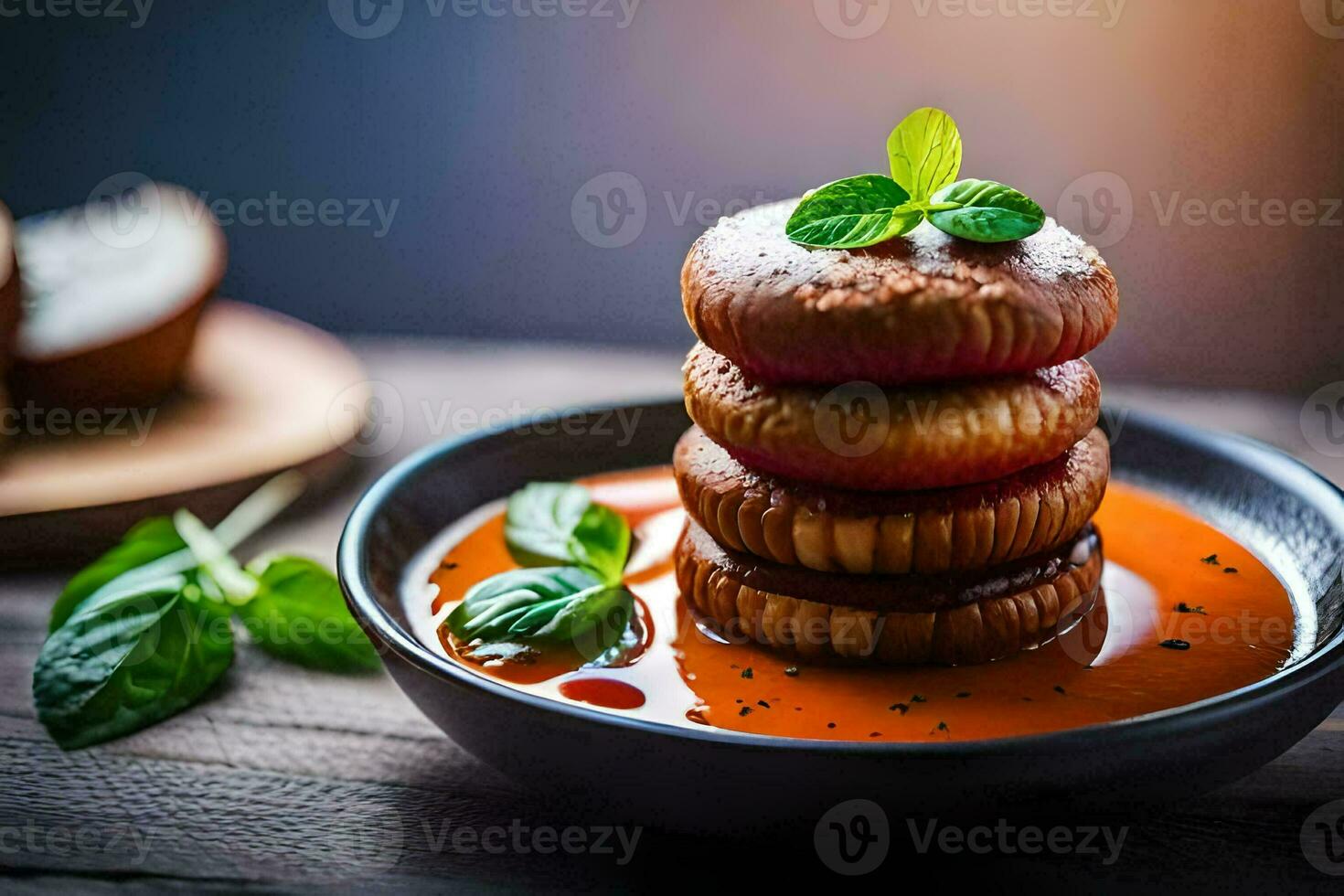 a stack of food on a plate with tomato sauce. AI-Generated photo