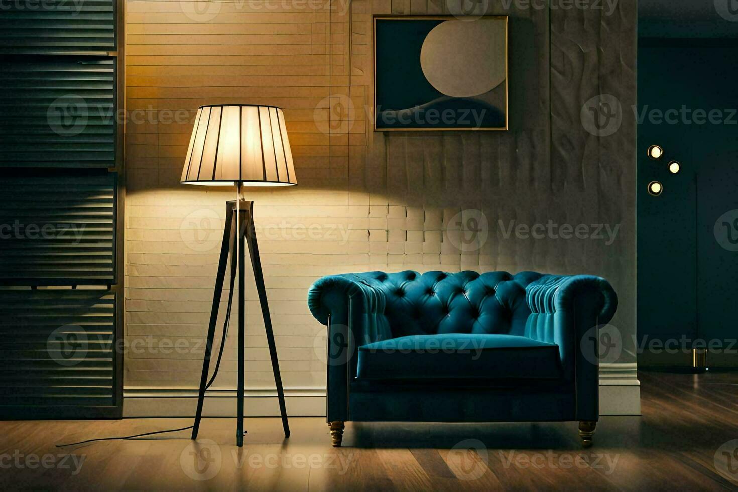 a blue chair and lamp in a room. AI-Generated photo