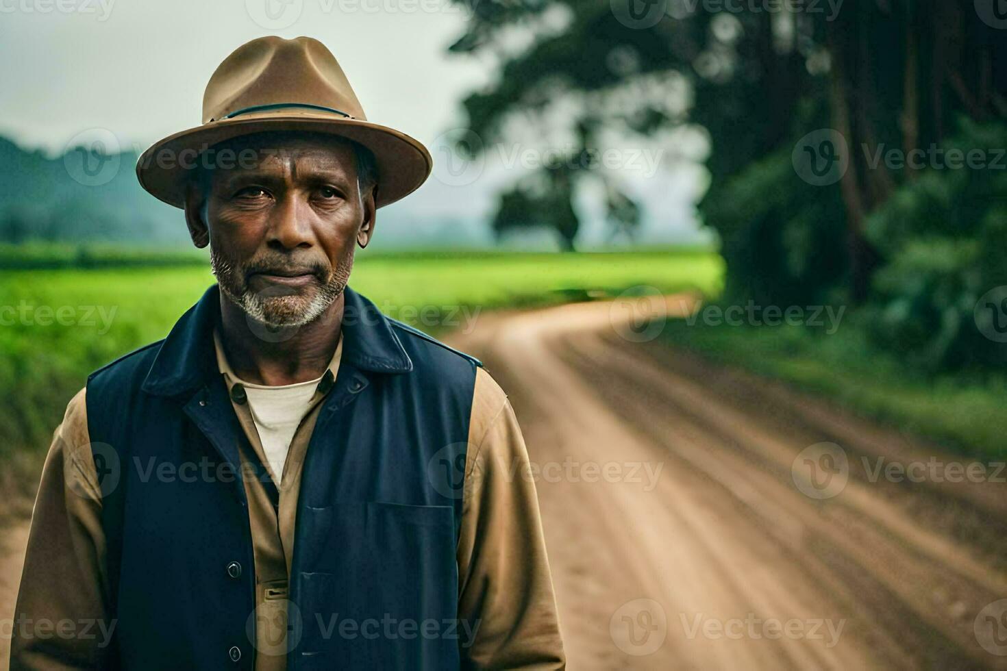 a man in a hat standing on a dirt road. AI-Generated photo