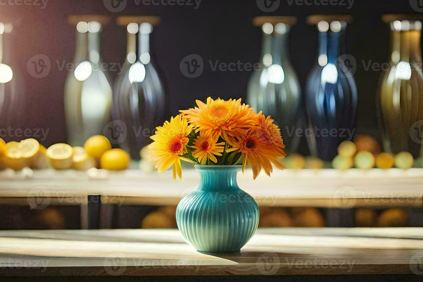 a vase with flowers on a table in front of a wall of vases. AI-Generated photo