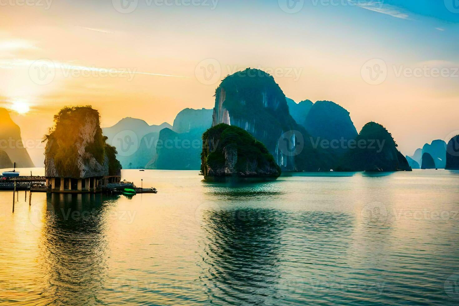 the sun sets over the water in halong bay, vietnam. AI-Generated photo