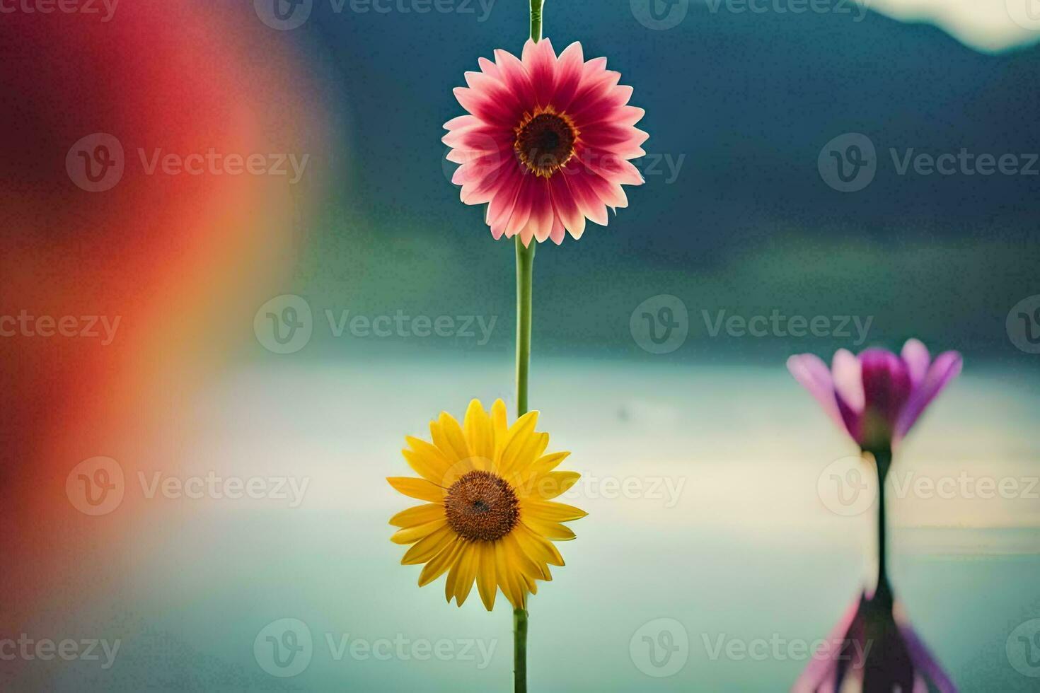 three colorful flowers are standing on a pole in front of a lake. AI-Generated photo