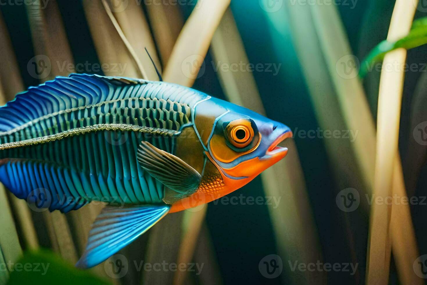 a blue and orange fish with a long tail. AI-Generated photo