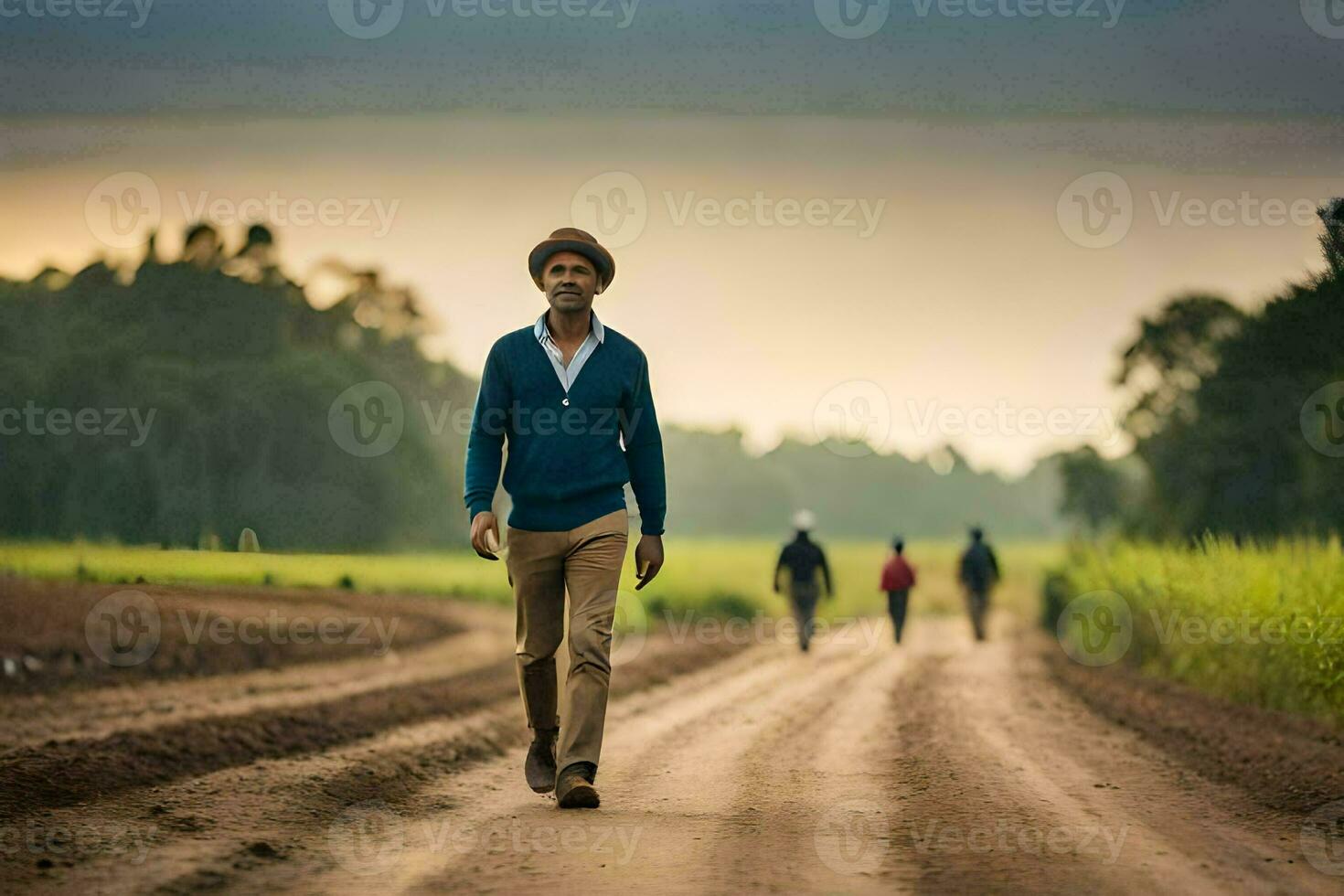 a man walking down a dirt road with other people. AI-Generated photo
