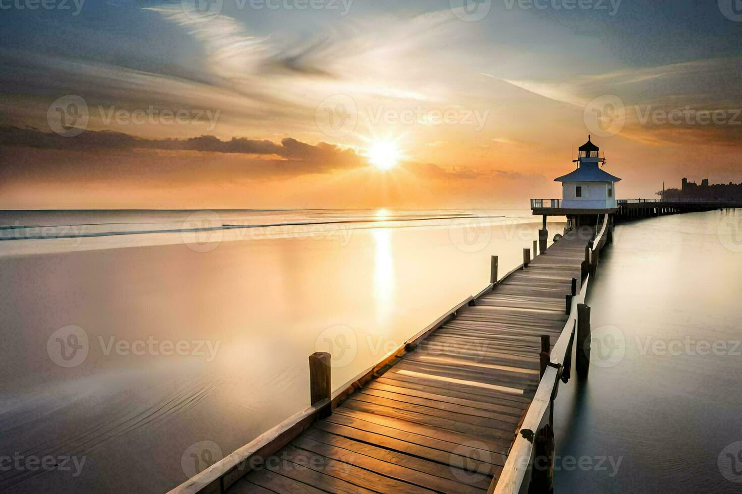 a long pier with a lighthouse at sunset. AI-Generated photo