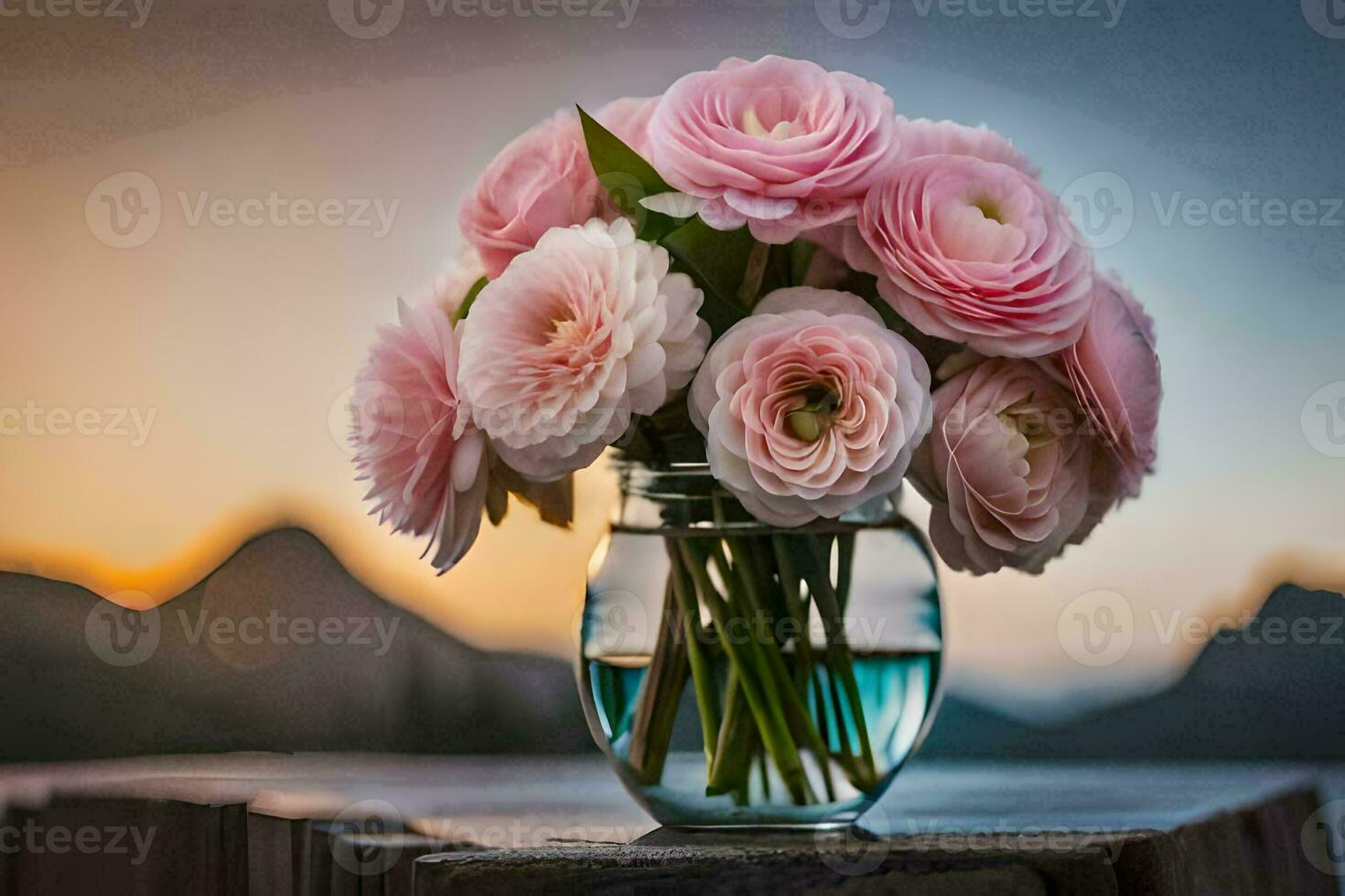 pink flowers in a vase on a table. AI-Generated photo