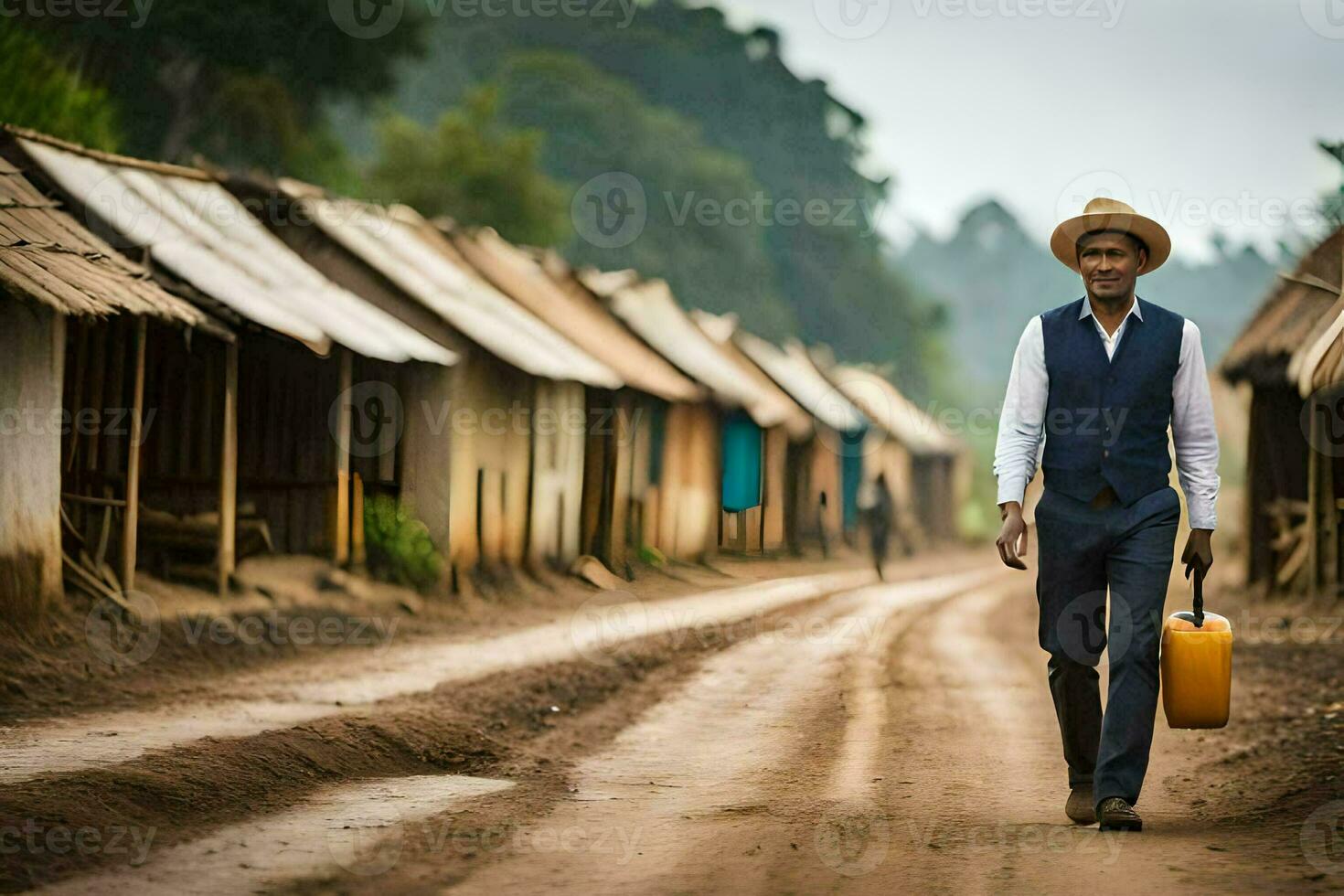 a man in a suit and hat walking down a dirt road. AI-Generated photo