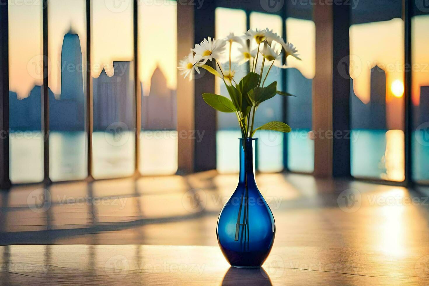 a blue vase with flowers sitting in front of a large window. AI-Generated photo