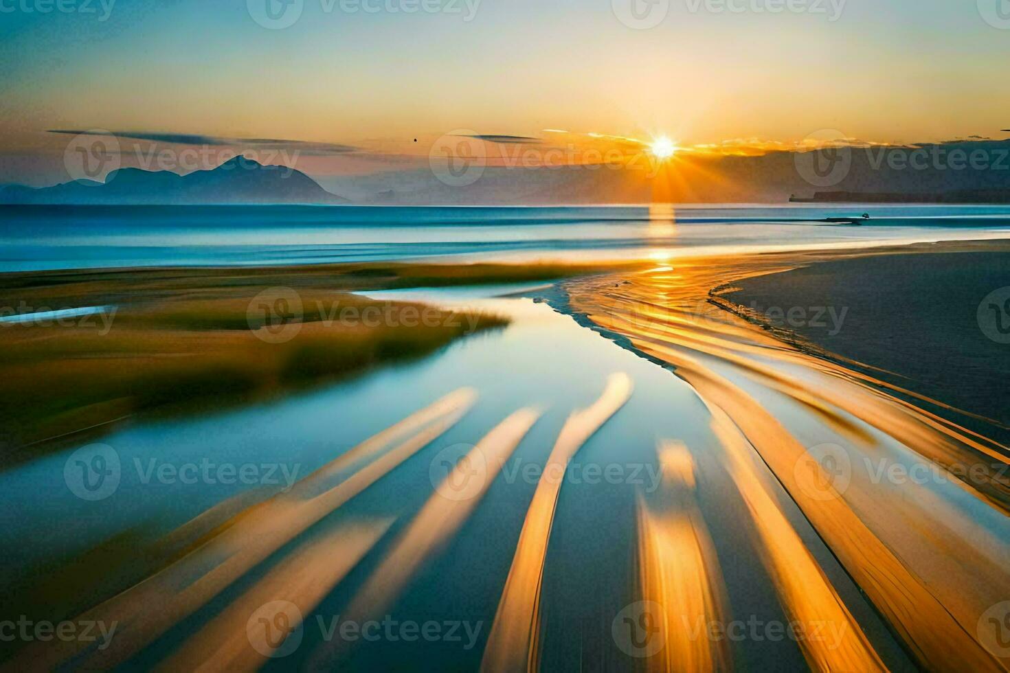 the sun is setting over a beach with waves. AI-Generated photo