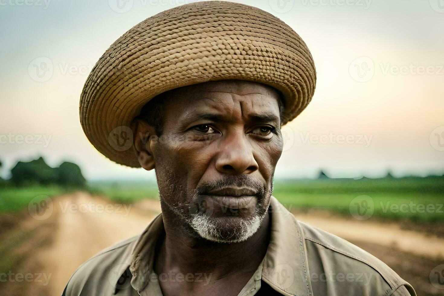 a man wearing a hat stands in a field. AI-Generated photo