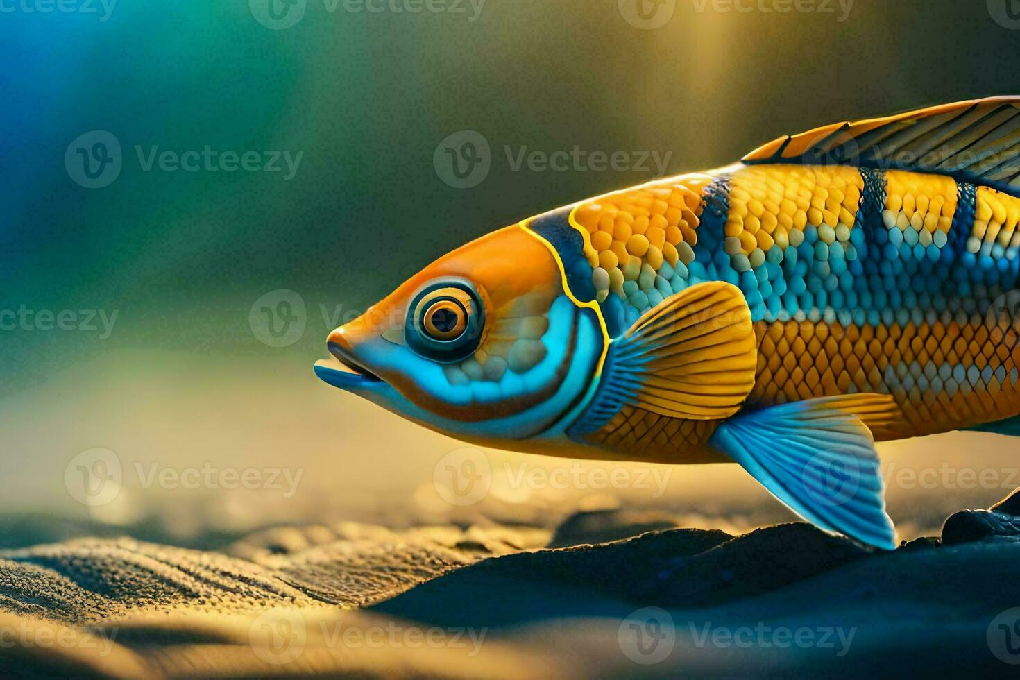 a fish with bright colors is walking on the sand. AI-Generated photo
