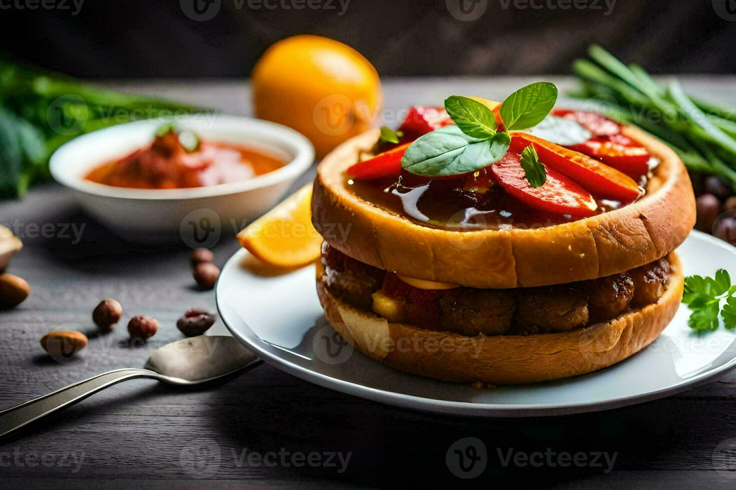 a sandwich with meat, vegetables and sauce on a plate. AI-Generated photo