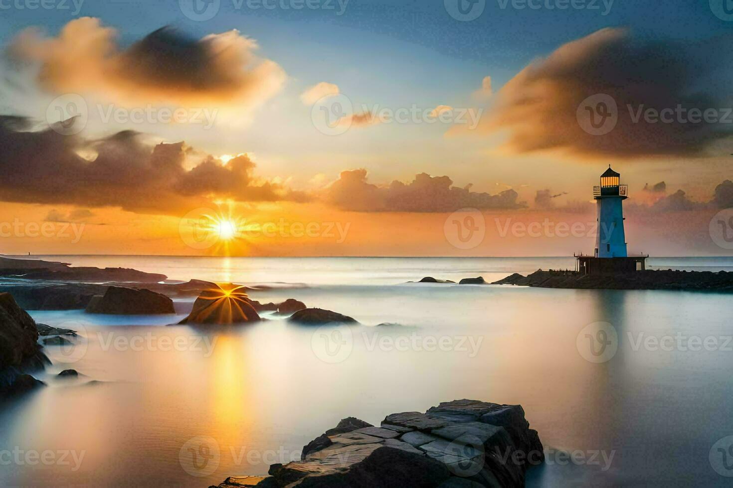 a lighthouse is seen in the sunset over the ocean. AI-Generated photo