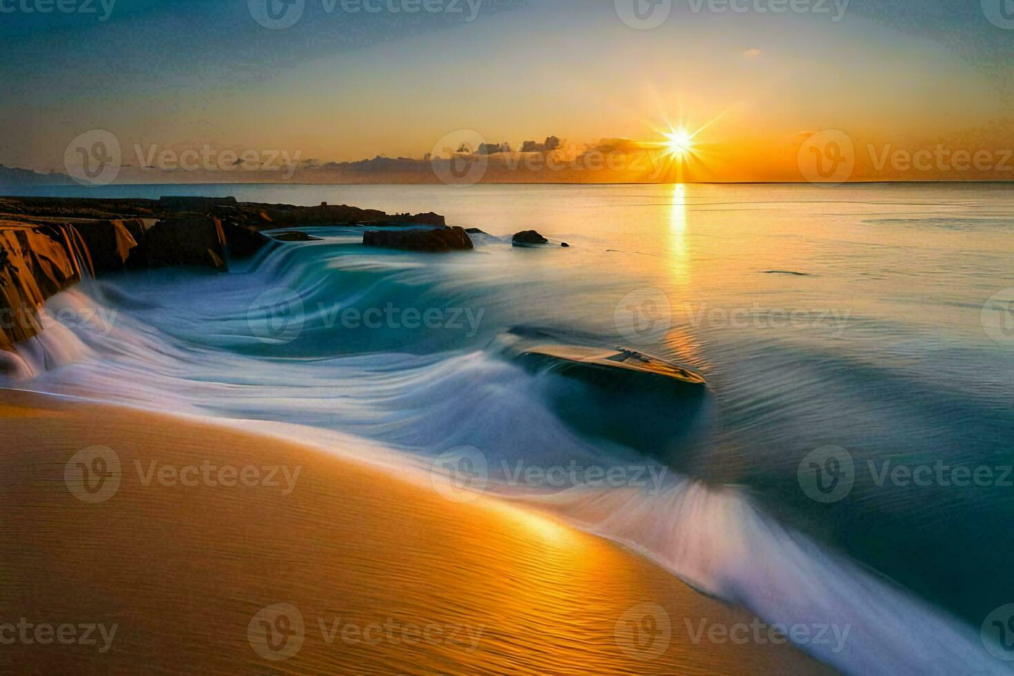 the sun sets over the ocean in this long exposure photograph. AI-Generated photo