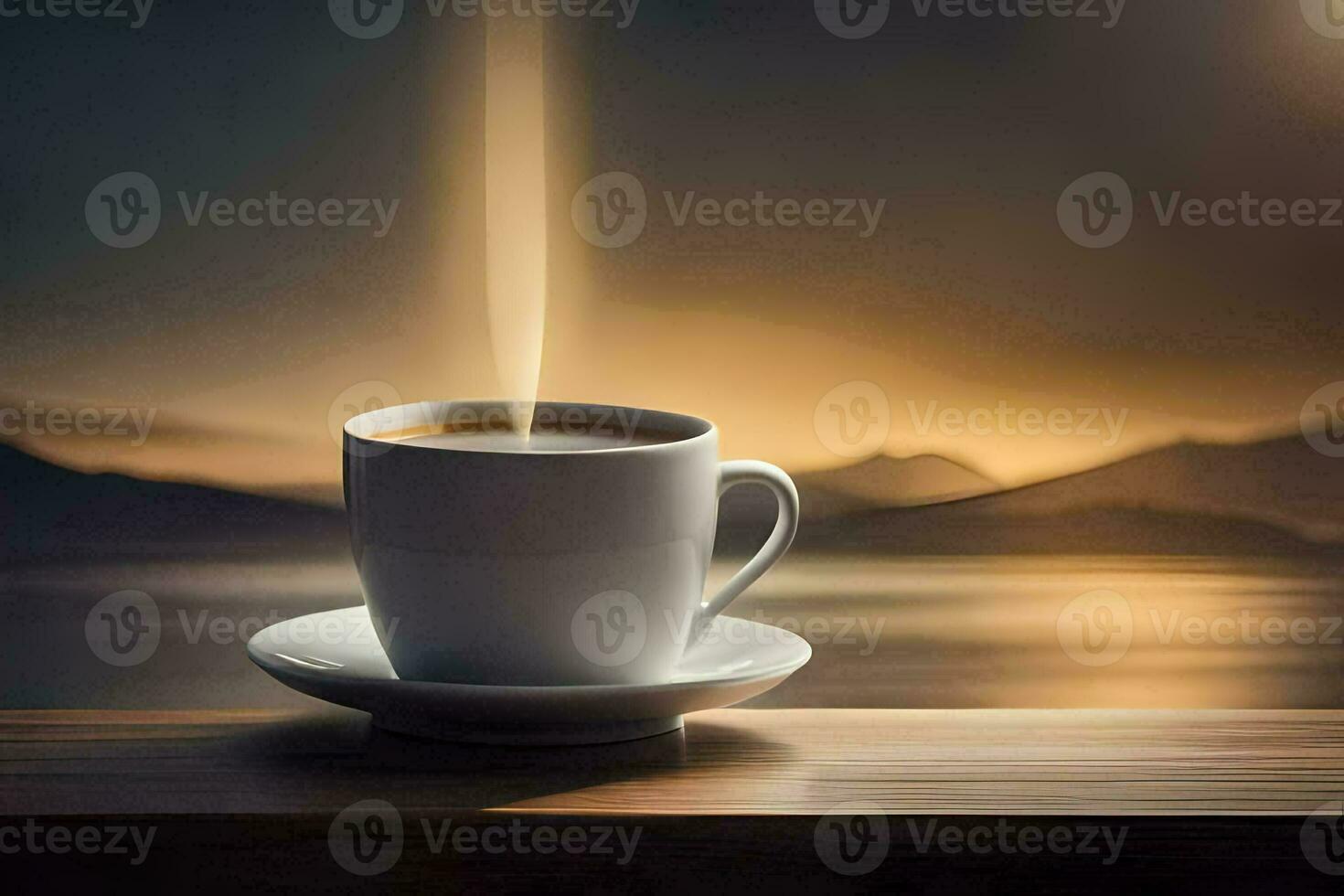 a cup of coffee on a table with a view of the mountains. AI-Generated photo