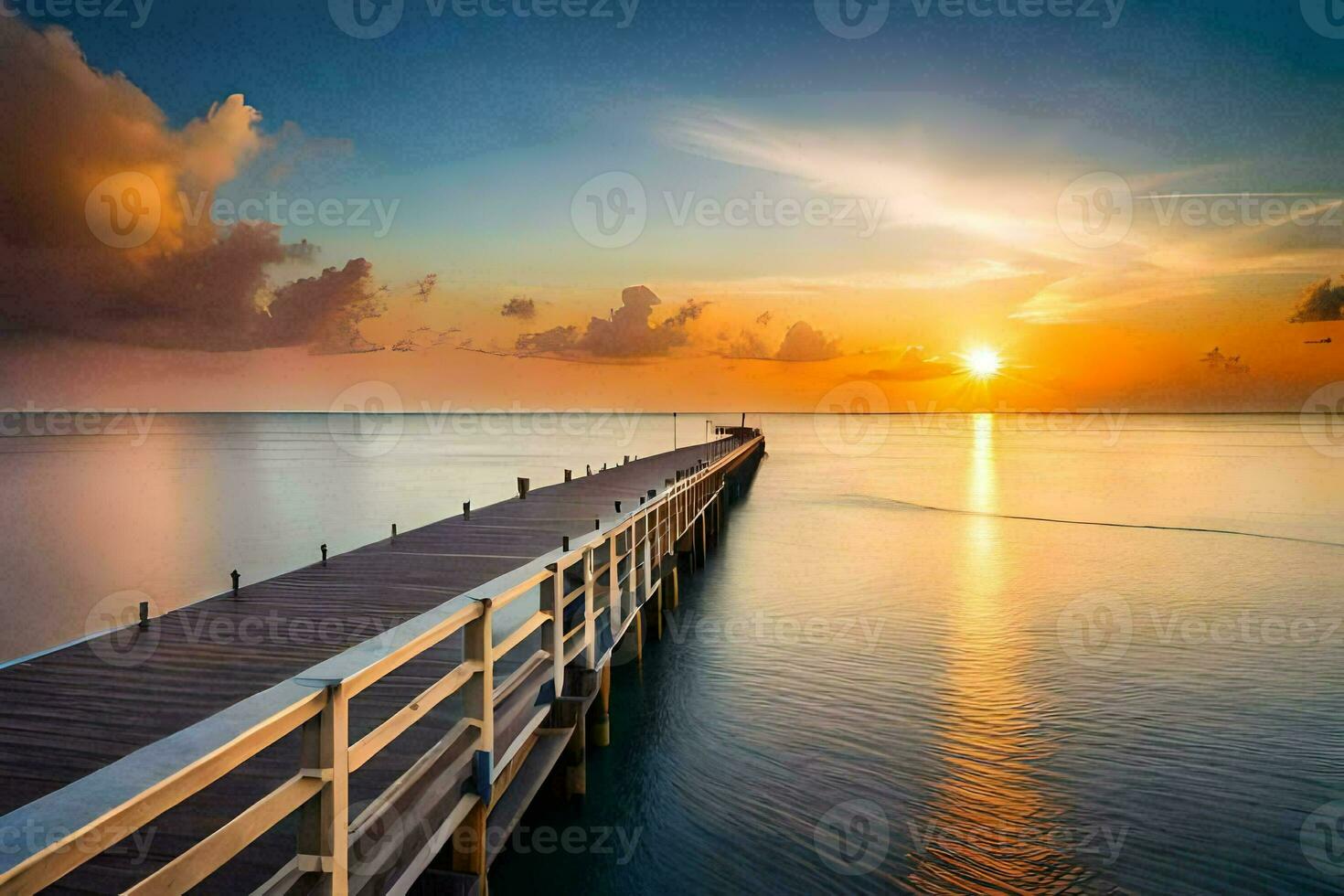 a pier stretching out into the ocean at sunset. AI-Generated photo