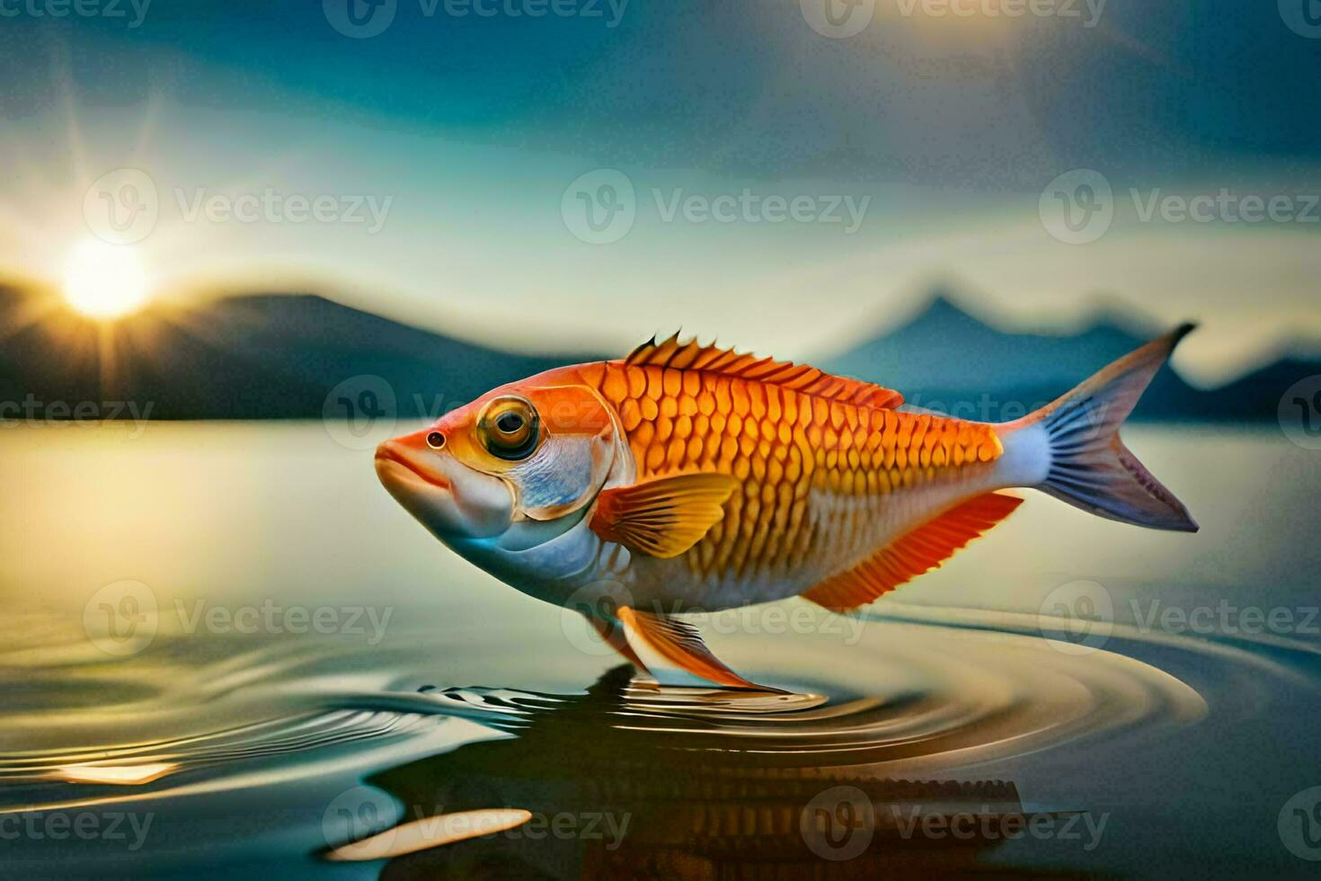 a fish is standing on the water with the sun in the background. AI-Generated photo
