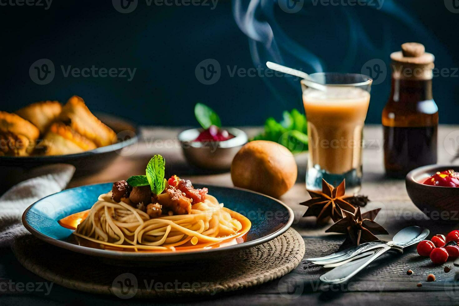 spaghetti with meat sauce and vegetables on a wooden table. AI-Generated photo