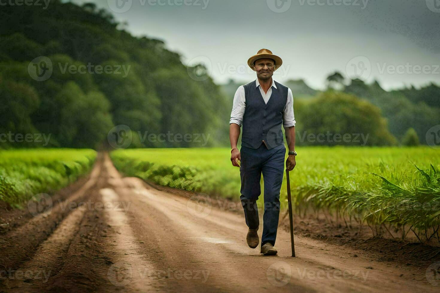 a man walking down a dirt road with a cane. AI-Generated photo