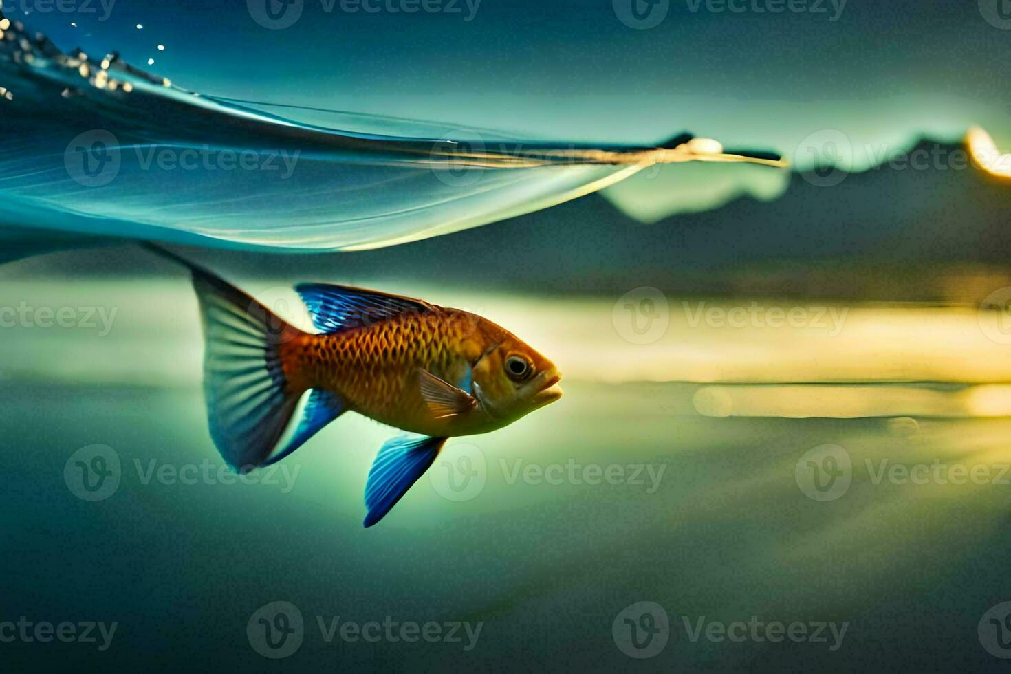 a fish swimming in the water with a blue sky. AI-Generated photo