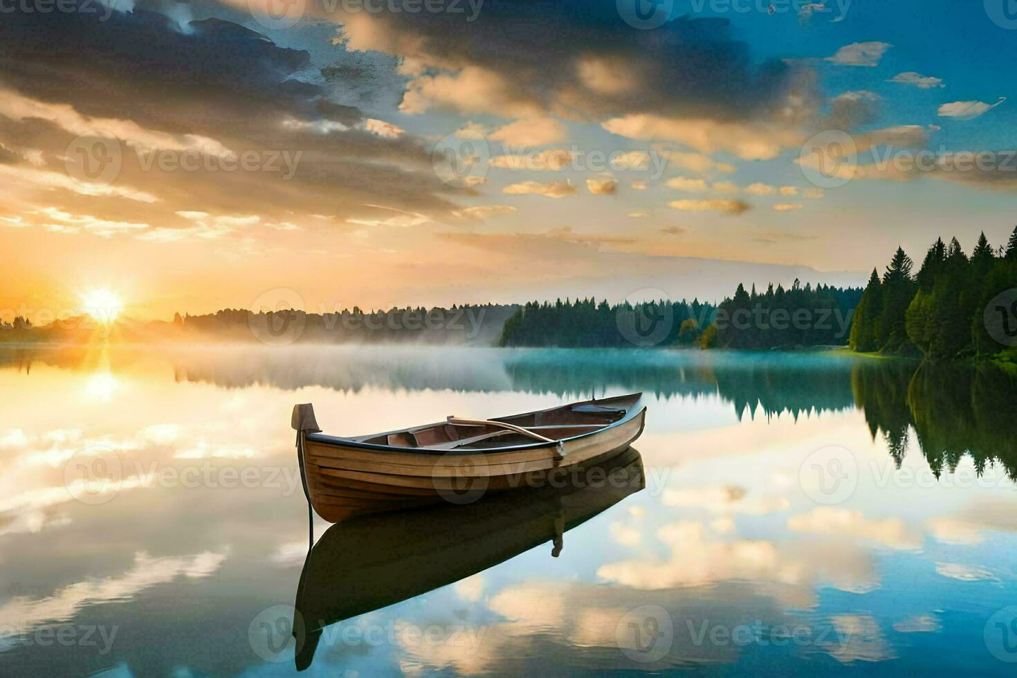 the boat on the lake at sunrise. AI-Generated photo