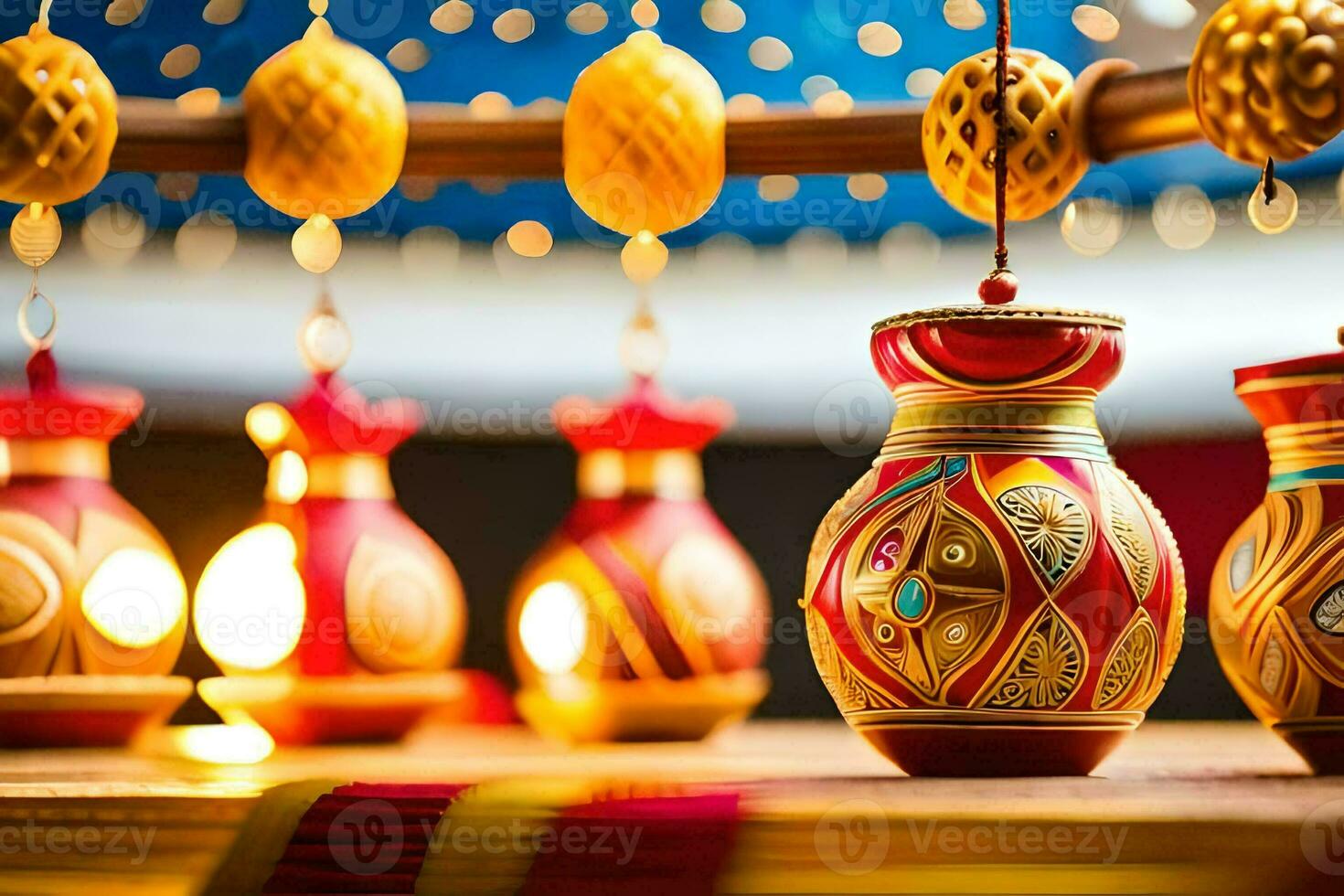 colorful vases with lights hanging from a wooden frame. AI-Generated photo