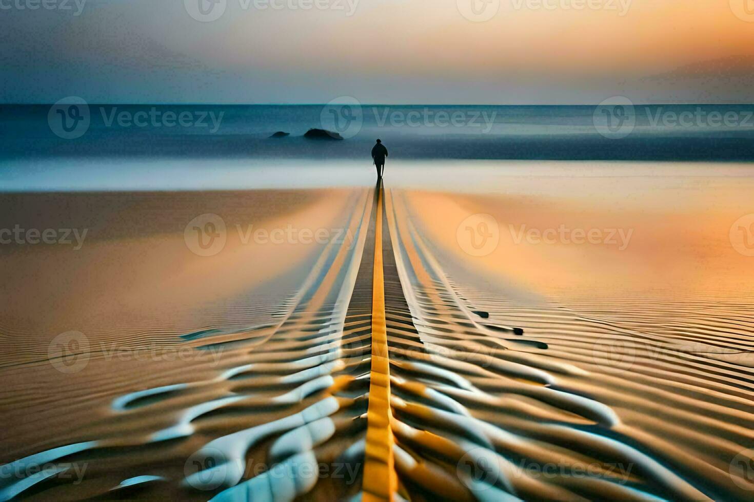 a man standing on the beach at sunset. AI-Generated photo