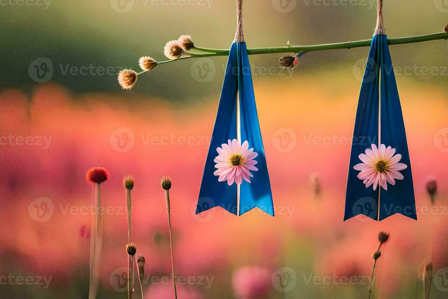 two blue ribbons hanging from a branch in front of a field of flowers. AI-Generated photo