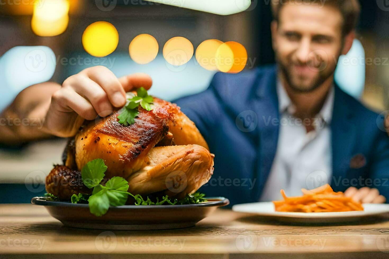 a man is holding a turkey on a plate. AI-Generated photo