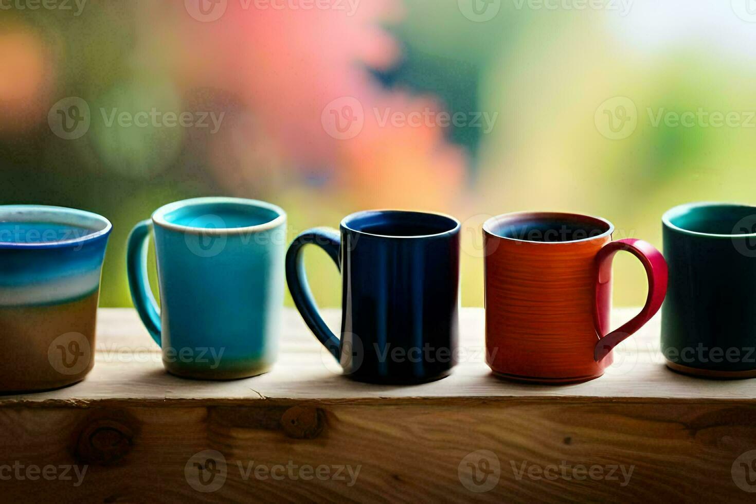 five different colored mugs sitting on a wooden table. AI-Generated photo