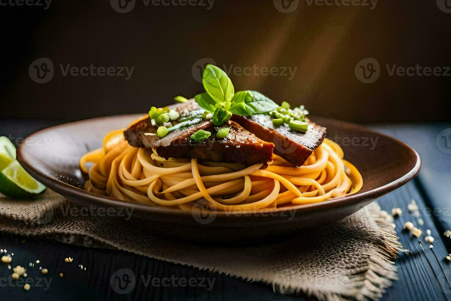 spaghetti with meat and vegetables in a bowl. AI-Generated photo