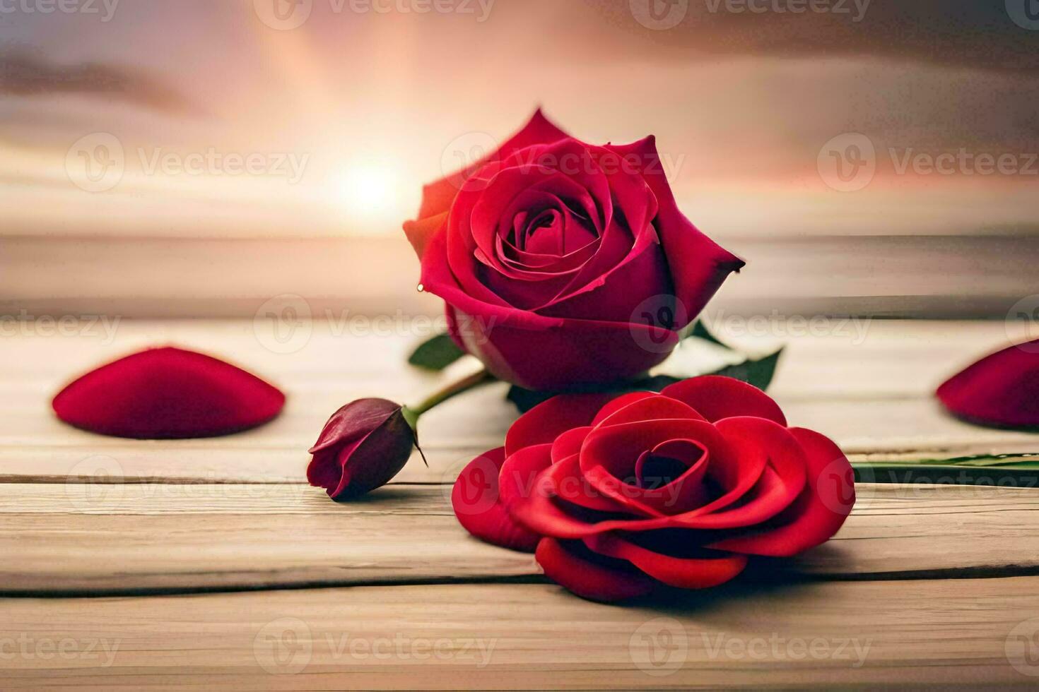 red roses on a wooden table with the sun in the background. AI-Generated photo