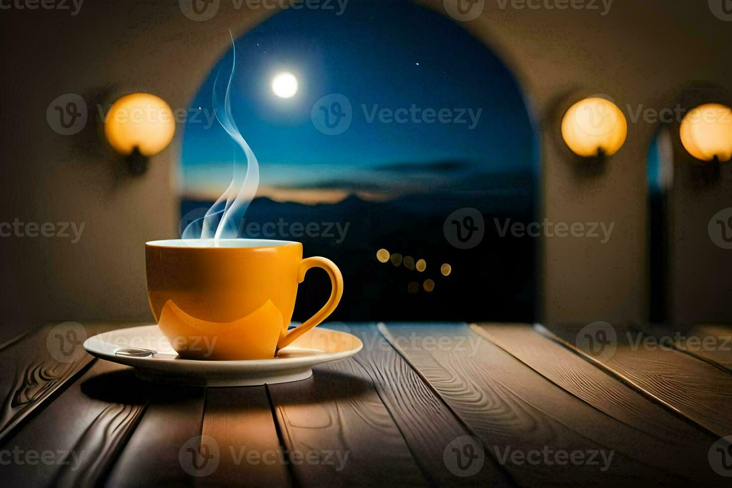 a cup of coffee on a wooden table with a moon in the background. AI-Generated photo