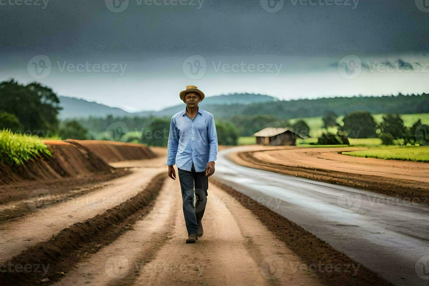 a man in a hat walks down a dirt road. AI-Generated photo