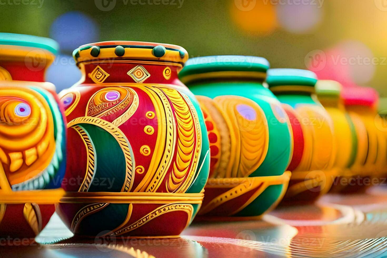 colorful vases lined up on a table. AI-Generated photo