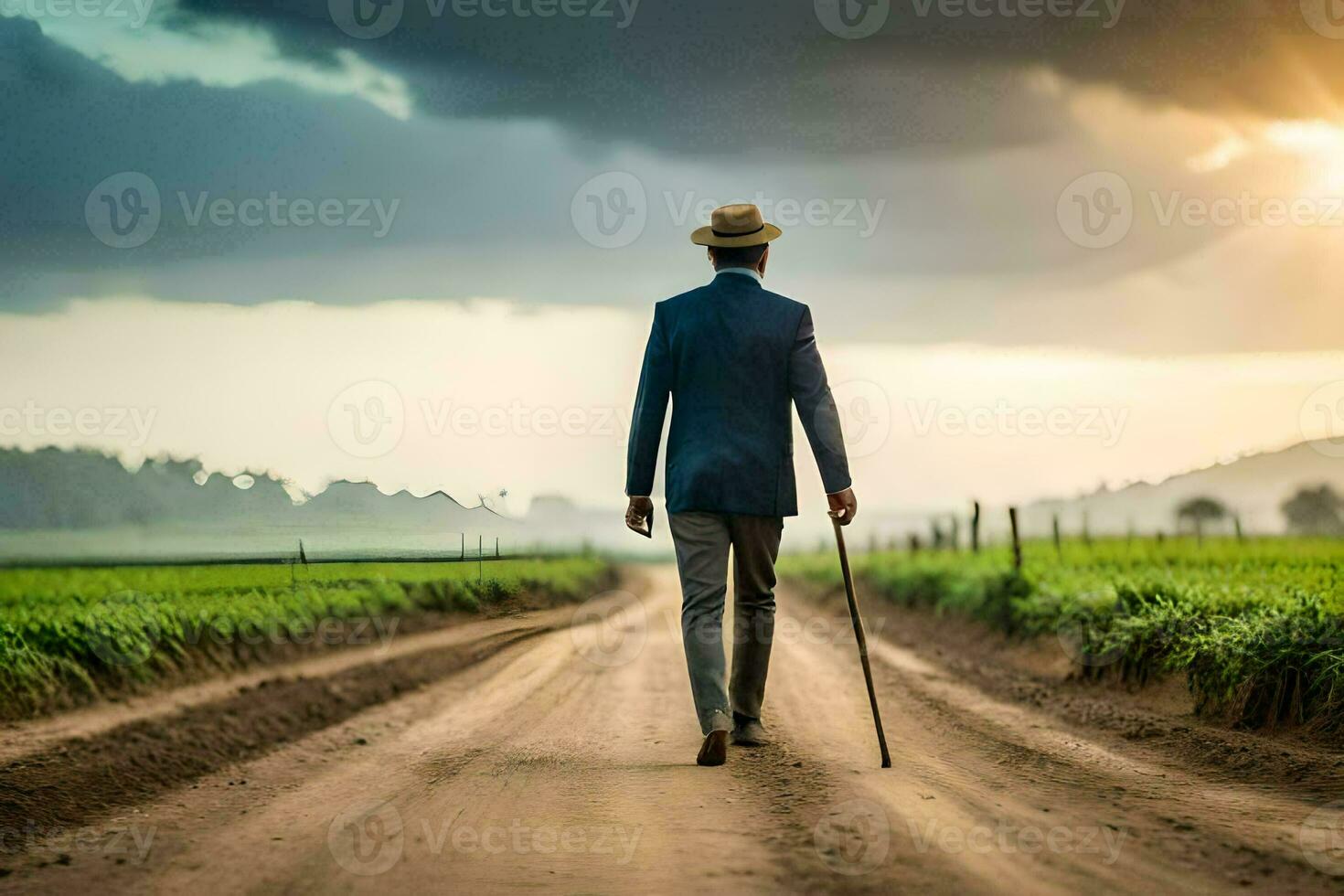 a man in a suit and hat walking down a dirt road. AI-Generated photo