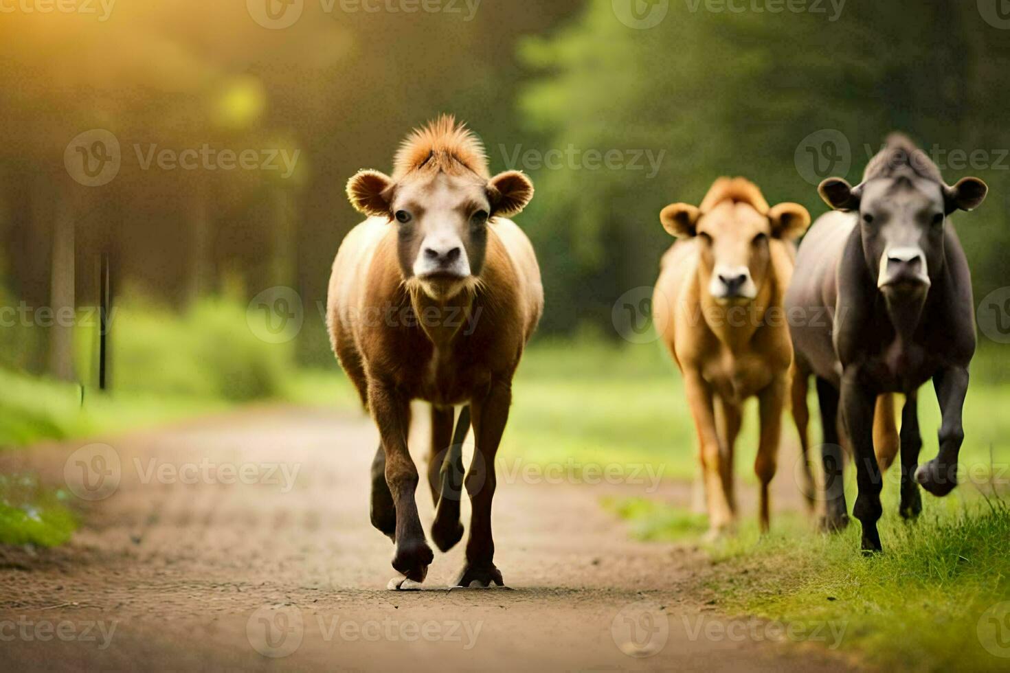 three cows walking down a dirt road. AI-Generated photo