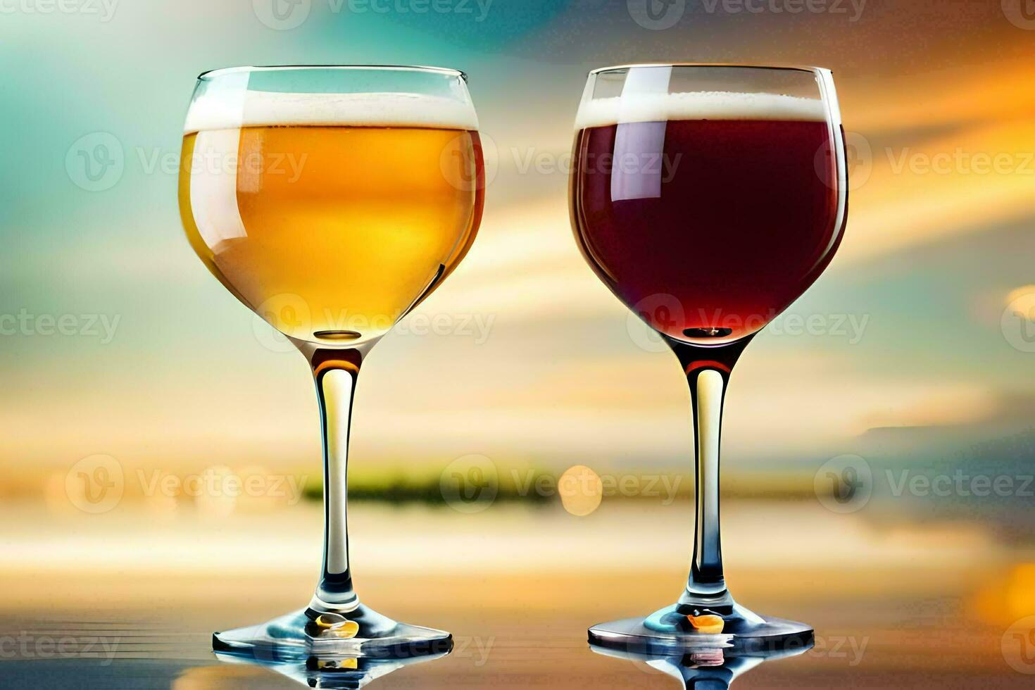 two glasses of beer on a table with a sunset in the background. AI-Generated photo