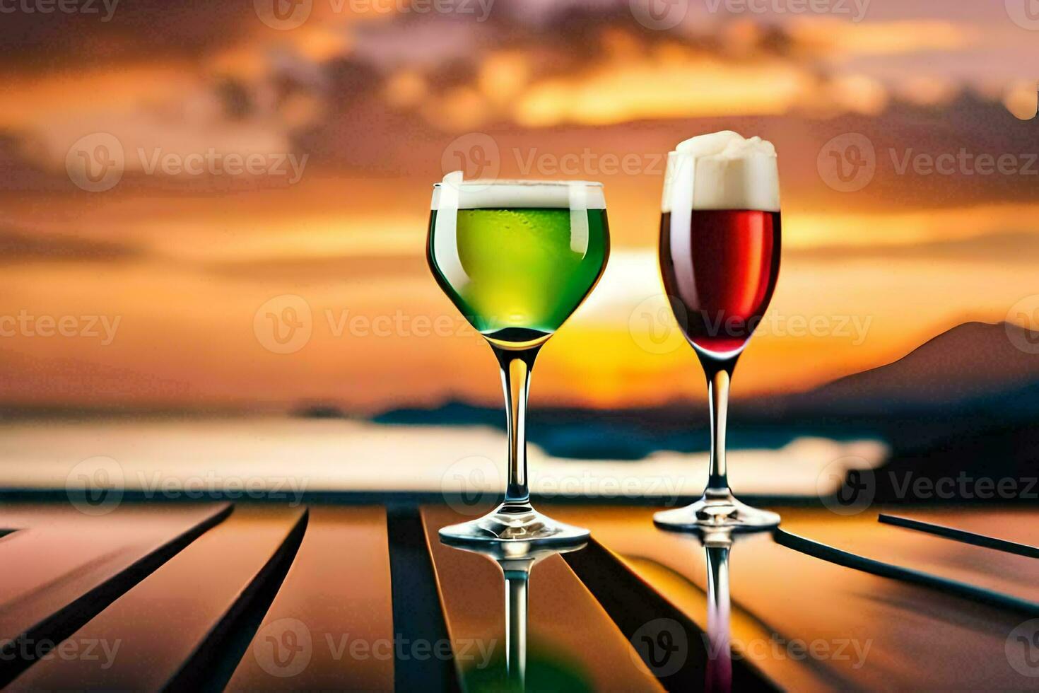 two glasses of wine on a table with sunset in the background. AI-Generated photo