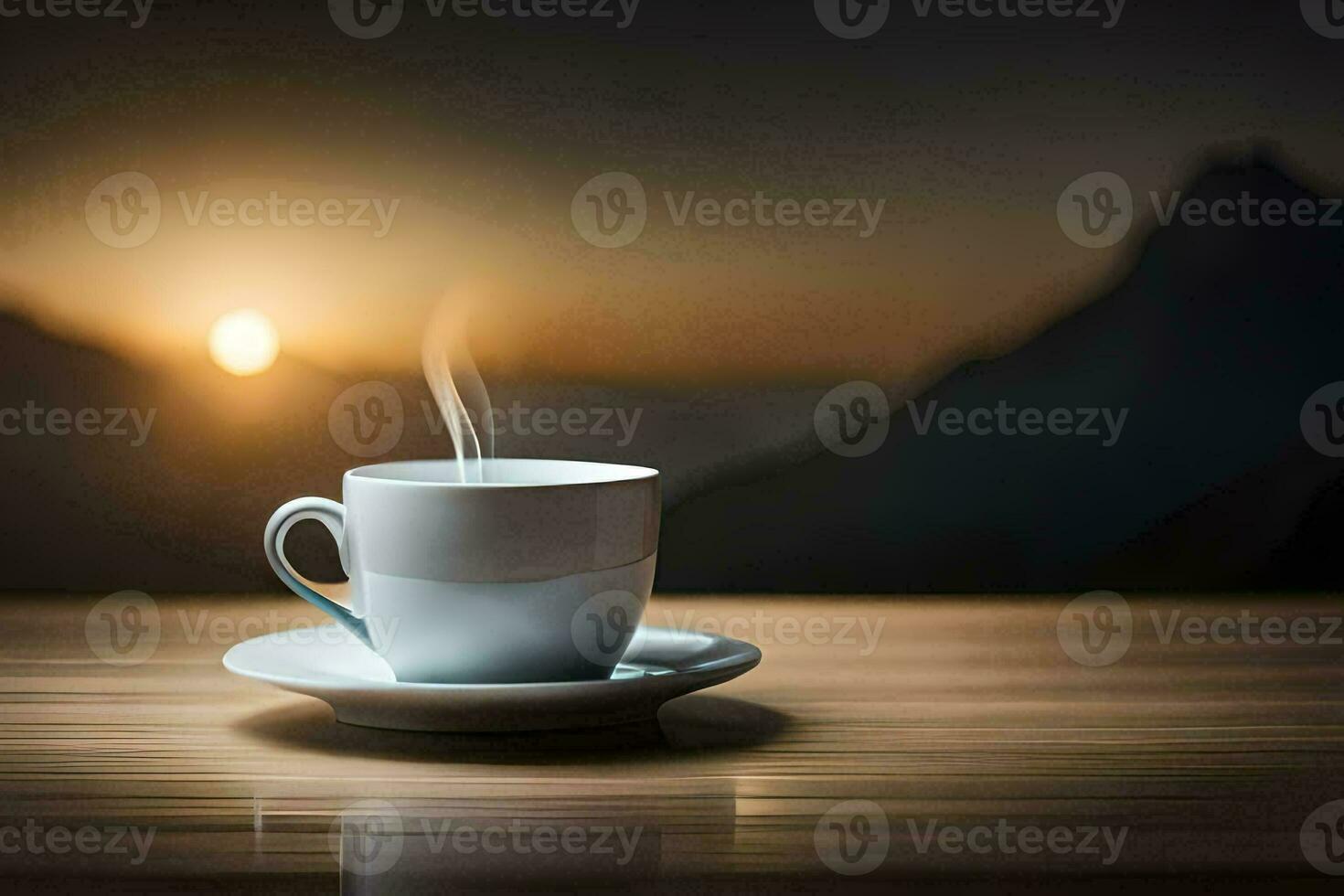 a cup of coffee on a table in the mountains. AI-Generated photo