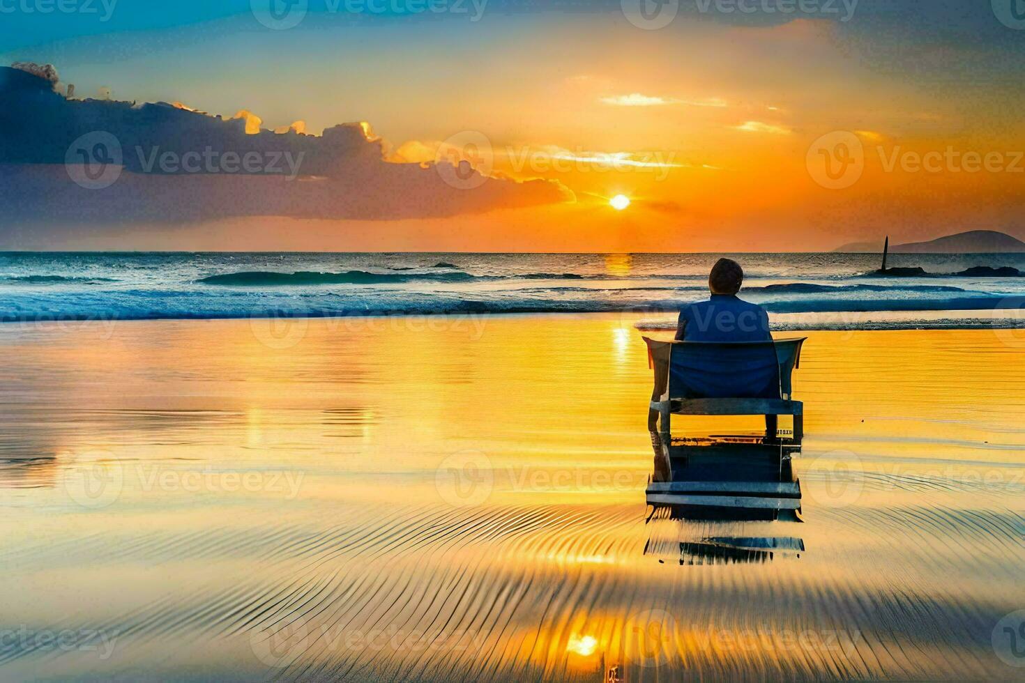 a man sits on a bench on the beach at sunset. AI-Generated photo