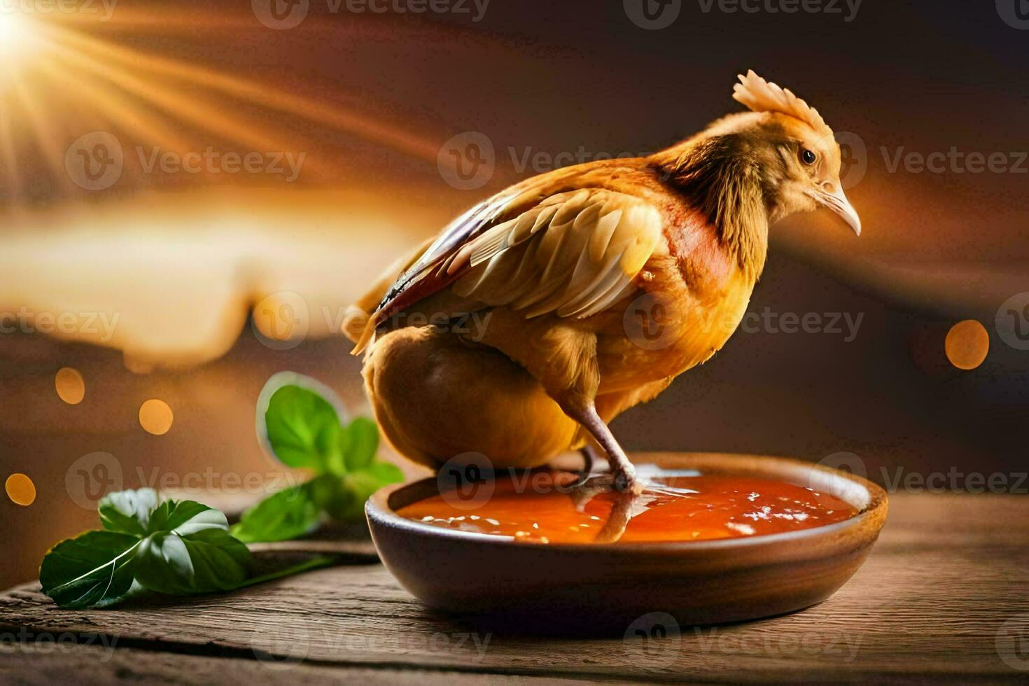 a chicken sitting on top of a bowl of sauce. AI-Generated photo