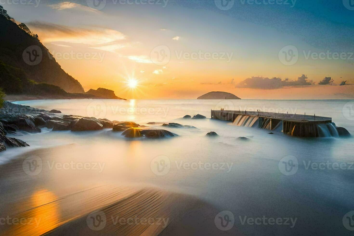 a long exposure photograph of a pier at sunset. AI-Generated photo