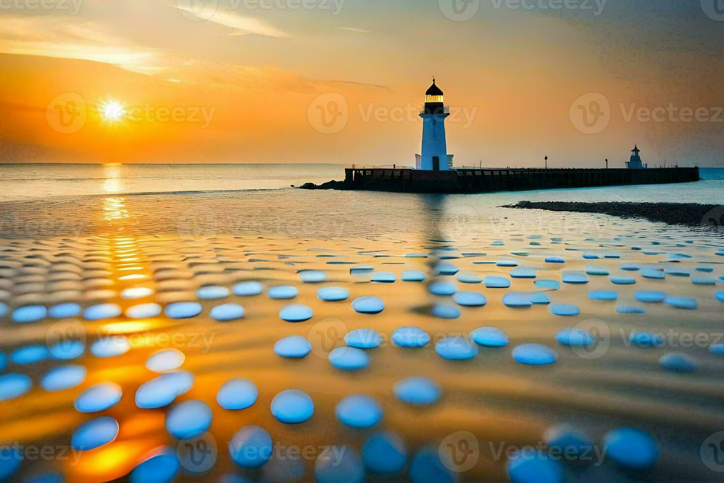 a lighthouse and a beach with bubbles in the water. AI-Generated photo